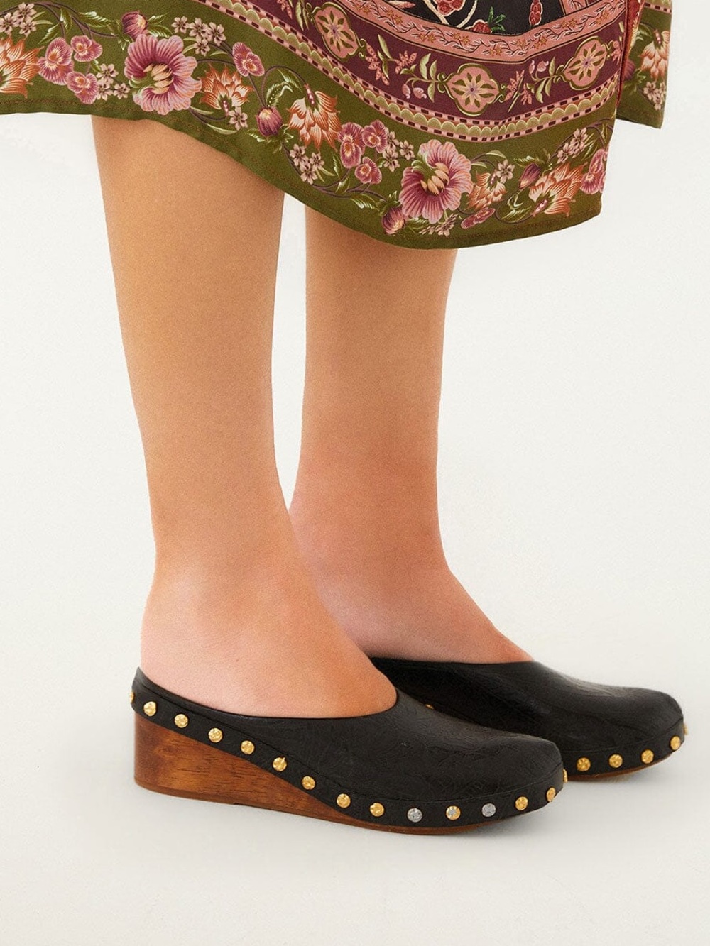 New with box FARM Rio Black Studded Leather Wedge Clogs